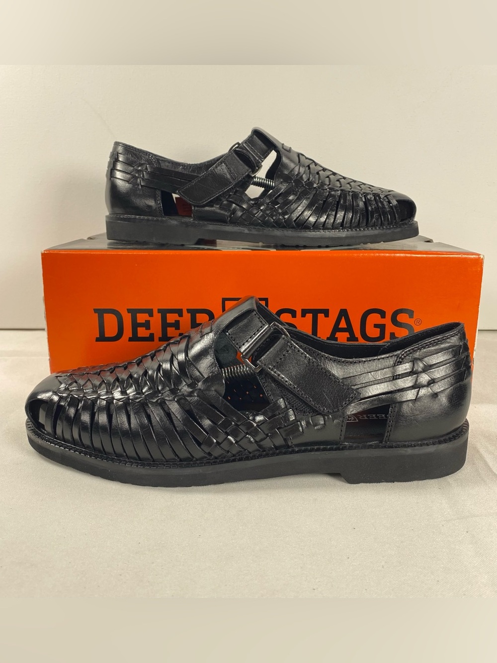 Deer Stags Bamboo 2 Mens 9 M Black Woven Leather Adjustable Strap Loafers